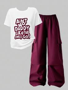 2件套少女图案印花休闲套头T恤和贴袋工装裤 - 酒紅色 - 查看 3