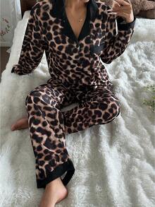 SHEIN Women's Leopard Print Contrast Color Patchwork Lapel Long Sleeve Top & Pants Pajama Set, Fall Winter Clothes - Multicolor - View 4