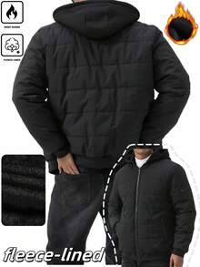 Manfinity Homme 男士長袖連帽填充外套，冬季黑色填充外套，秋季，羽絨服 - 黑色 - 查看 3