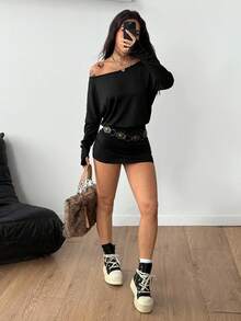 Coolane 女式黑色针织不对称肩部蝙蝠袖迷你连衣裙 - 黑色 - 查看 5