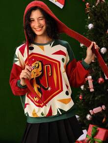 HARRY POTTER X SHEIN Women's Casual Christmas Geometric Print Color Block Dropped Shoulder Loose Pullover Sweatshirt - Multicolor - View 1