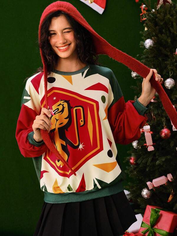 HARRY POTTER X SHEIN 女式休闲圣诞几何印花拼色落肩宽松套头衫