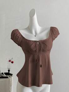 Sweetra Áo thun tay ngắn viền rộng đính ngọc trai trang trí mùa hè cho nữ - màu nâu - Xem 3