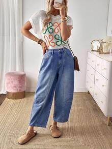 EMERY ROSE 女式度假休闲破洞喇叭牛仔裤 - 藍色 - 查看 4