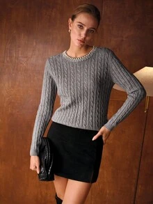 MOTF PREMIUM FAUX PEARLS TRIM SOLID CABLE KNIT SWEATER - Grey - View 2