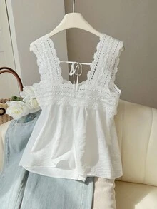 Resyla 女式夏季休闲纯色蕾丝拼布无袖衬衫 - 白色 - 查看 2