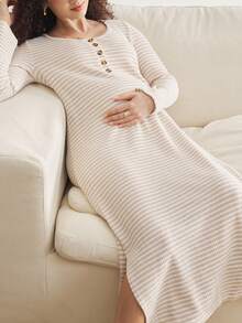 BloomMama Maternity Casual Striped Knit Round Neck Half-Zip Long Sleeve Nightgown Pregnancy Dress Pregnancy Clothing Maternity Dress Maternity Clothes Pregnancy Outfits Cozy And Elegant Details, Fall - Khaki - View 5