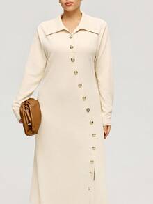 Calvaya Plus Size Women's Solid Color Long Sleeve Button Design Fitted Textured Bodycon Elegant Dress Fall Cloth For Women - Apricot - View 7