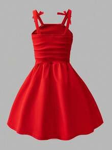 SHEIN Vestido de gasa maxi para niña preadolescente con elegante lazo 3D de unicolor, tirantes fruncidos, adecuado para fiestas y eventos, nueva llegada primavera/verano - Rojo - Ver 2