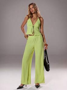 TRNVIE Textured Fabric Pleated Halter Top & Loose Wide Leg Pants Set - Yellow - View 7