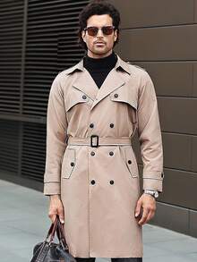 Manfinity CasualCool Men's Button Front Long Sleeve Pocket Simple Casual Trench Coat, Going Out Flannel Trench Coat, For Friends, Husband, Boyfriend Gifts, Men Trench Coat, Man Coat, Men Outerwear,Fall