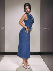 SHEIN PETITE Women's Casual Sleeveless Denim Dress With Lapel And Single-Breasted - Dark Wash - View 3