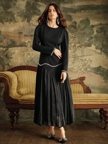 Anewsta Women's Long Dress With Rhinestone Chain And Hem Patchwork Design, Elegant And Fashionable - Black - View 5