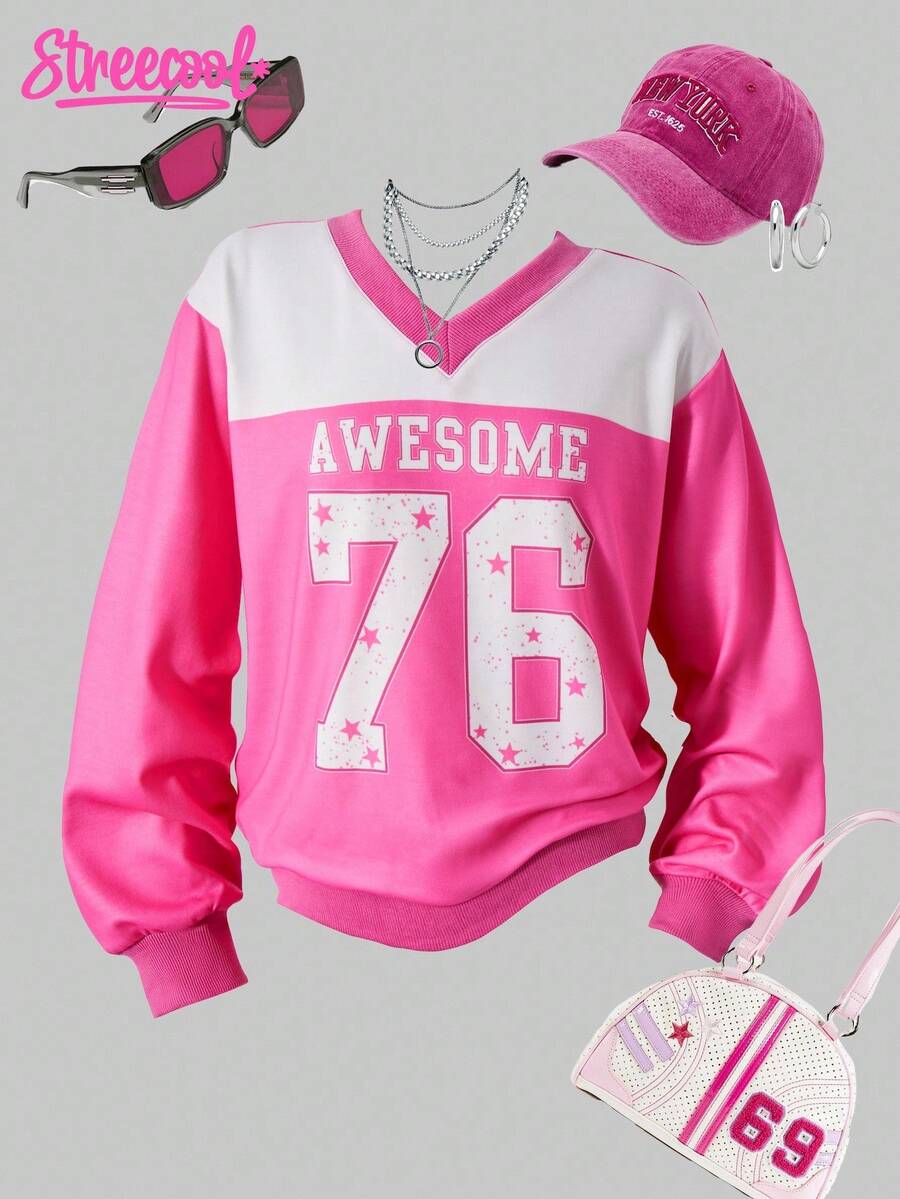 SHEIN Explorewe Streecool Tween Girls V-Neck Sweatshirt With Numeric Print, Fashionable For Sports, Campus Style, Versatile Casual Everyday Wear, Autumn Fall Winter - Pink - View 1