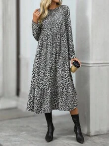 SHEIN LUNE 女式豹纹圆领长袖荷叶边下摆休闲连衣裙 - 彩色 - 查看 8