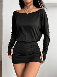 Coolane 女式黑色针织不对称肩部蝙蝠袖迷你连衣裙 - 黑色 - 查看 6