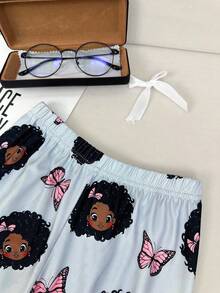 Cute Girl Print Crew Neck Long Sleeve & Long Pants Pajama Set For Young Girl