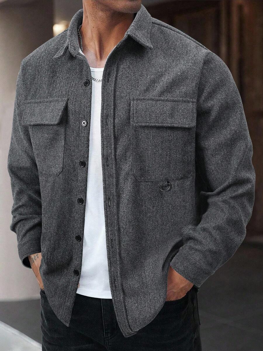 Manfinity Homme 男士成熟休闲纯色羊毛夹克男士夹克灰色纽扣男士男士纽扣衬衫男士衬衫夹克男士羊毛衬衫夹克 - 灰色 - 查看 1