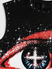 ROMWE MEN Street Life 朋克街头风格图案印花无袖圆领背心，饰有水钻和做旧细节，男士夏季 - 黑色 - 查看 4