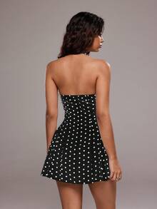 TRNVIE Women's Polka Dot Print Sexy V-Neck Backless Mini Dress - Black - View 2