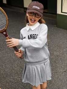 Hanevo 2pcs/Set Tween Girl American College Style Collared Shirt With English Letter Print & Pleated Skirt, Casual Sweatshirt Set - Light Grey - View 8