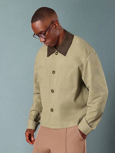 SUMWON Classic Twill Utility Work Shacket Canvas Workwear Jacket With Contrast Collar Front Patch Pockets And Button Closure Fall Spring Casual Outerwear Versatile Layer