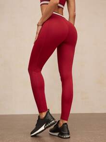 Activina 女式松紧腰抽绳口袋短款紧身裤 - 酒紅色 - 查看 3