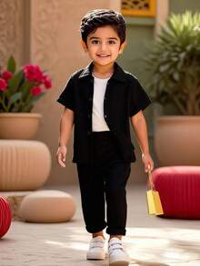 SHEIN 2pcs Set Young Boy Solid Color Short Sleeve Button-Down Shirt And Pants, For Getaway, Holiday, Travel, Relax, Sunbathing, Summer - Black - View 8