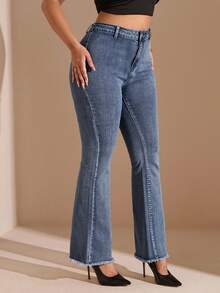 SHEIN BAE Quần Jeans Ống Loe Đơn Giản Cài Nút Phía Trước Cỡ Lớn, Mặc Thường Ngày - Rửa tối - Xem 8