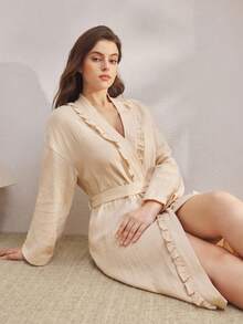 Ocili Jubah Mandi Katun Ukuran Besar dengan Rumbai di Pinggang, Musim Gugur - Khaki - View 1