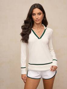 Activina 经典简约绿色条纹装饰长袖 Polo 衫 - 白色 - 查看 4