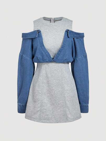 SHEIN MOD 女式露肩长袖休闲牛仔连衣裙 女式牛仔连衣裙 长袖牛仔连衣裙 曲线女性牛仔连衣裙 曲线牛仔连衣裙 女式秋季连衣裙 女式冬季连衣裙 女式感恩节服装 女式休闲连衣裙 新年连衣裙 女式拼接二合一长袖牛仔连衣裙 女式时尚露肩牛仔和针织拼接长袖迷你连衣裙