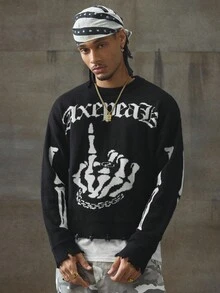 AXEPEAK Jersey de cuello redondo de manga larga con estampado de letras y huesos, estilo grunge para otoño e invierno