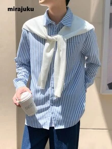 Mirajuku 青少年男孩翻领纽扣长袖条纹口袋衬衫