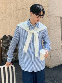 Mirajuku 青少年男孩翻领纽扣长袖条纹口袋衬衫