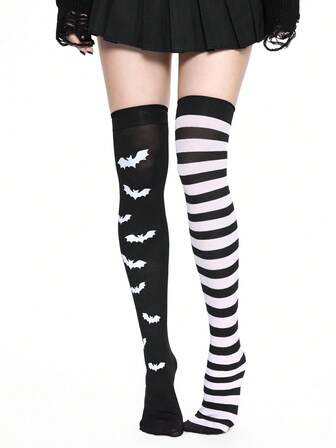 Grunge Punk 1 Stück Fledermaus Muster Oberschenkel Hohe Socken + 1 Stück gestreifte Oberschenkel Hohe Socken, Y2K Stil Kombinations Set, geeignet für den täglichen Gebrauch und Partys