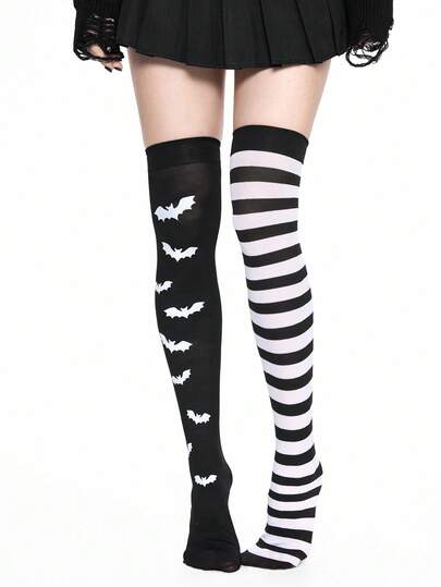 Grunge Punk زوج جوارب طويلة حتى الفخذ بطبعة الخفاش + زوج جوارب طويلة حتى الفخذ مخطط، مجموعة مزيج بطراز Y2K، مناسبة للارتداء اليومي والحفلات