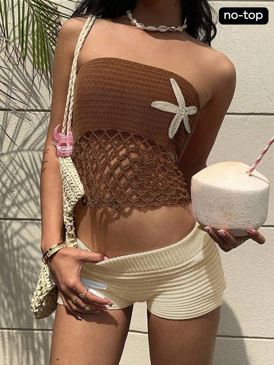 Aloruh 女式钩针海星镂空紧身短款上衣，适合秋冬季音乐节 - 棕色 - 查看 1