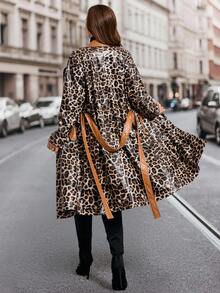 Ellevyn Abrigo para mujer talla grande, elegante abrigo de cuero sintético con estampado de leopardo y cuello de color contrastante, abrigo midi con cinturón para otoño e invierno para mujeres - Multicolor - Ver 3