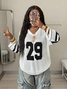 Coolane Girls Knit Striped & Number Printed 3/4 Sleeve Oversized Jersey Cover Up Sweater,Halloween In Fall/Winter