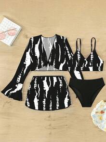 4 件套：少女扎染印花细肩带比基尼，配长袖上衣和迷你裙 - 黑色 - 查看 1
