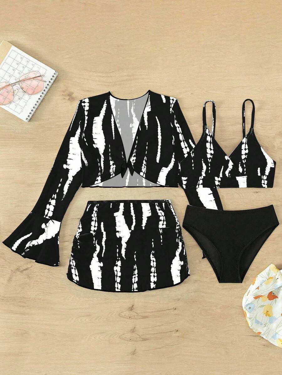 4 件套：少女扎染印花细肩带比基尼，配长袖上衣和迷你裙 - 黑色 - 查看 1