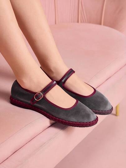 CUCCOO DOLLMOD Zapatos planos de estilo Mary Jane de terciopelo clásico y cómodo para mujer, color gris elegante