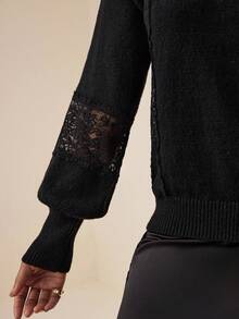 Vesra 女士休闲撞色蕾丝灯笼袖圆领毛衣，秋冬 - 黑色 - 查看 6