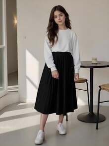 女童百搭優雅百褶A字裙，秋季服飾，適合休閒、校園、上班、派對、日常穿著、度假、夏季 - 黑色 - 查看 4