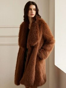 Aveloria Rosie Luxurious & Elegant Light Brown Lapel Mid-Length Faux Fur Coat, Exuding Sophisticated & Casual Vibe, Suitable For Formal Events And Casual Outings