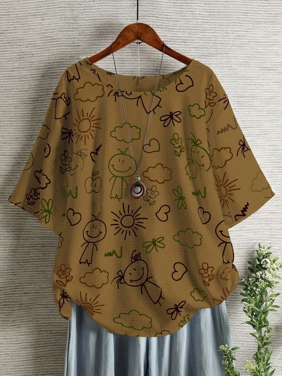 Linhara 加大码编织可爱卡通印花圆领短袖宽松常规长度T恤 - 卡其色 - 查看 1