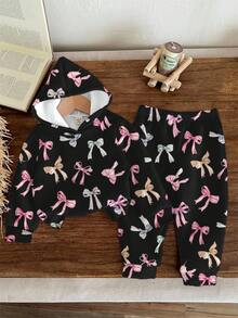 SHEIN Süßer Schleifendruck, Schwarz, Schul-Stil, französisch-retro-süß, Baby Mädchen lässig locker bequem Strick weicher Hoodie Trainingsanzug Set, geeignet für Herbst/Winter - Verschiedenfarbig - Übersicht 7