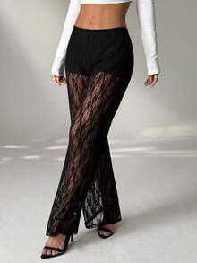 SHEIN PETITE Women's Elastic Waist Floral Lace Straight Loose Fashion Pants - Black - View 8