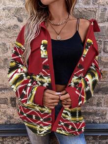 SHEIN LUNE Fashionable Casual Geometric Pattern Multi-Pocket Fleece Jacket Fall Winter Cloth For Women - Multicolor - View 3